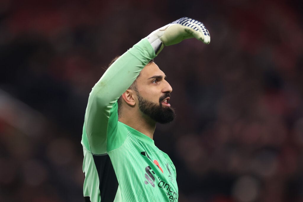 Giorgi Mamardashvili of Liverpool gestures during the Premier League match between Liverpool and Aston Villa at Anfield.