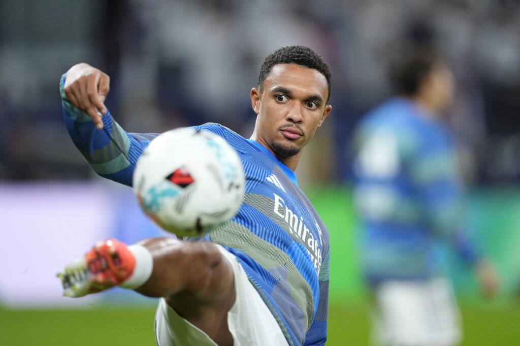 Trent Alexander-Arnold of Real Madrid CF warms up during the Spanish League, LaLiga EA Sports, football match played between Real Madrid C.F. and Valencia CF at Santiago Bernabeu stadium.