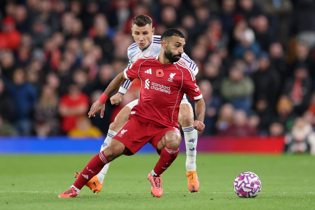 Mohamed Salah of Liverpool in action during the Premier League match between Liverpool and Aston Villa at Anfield.