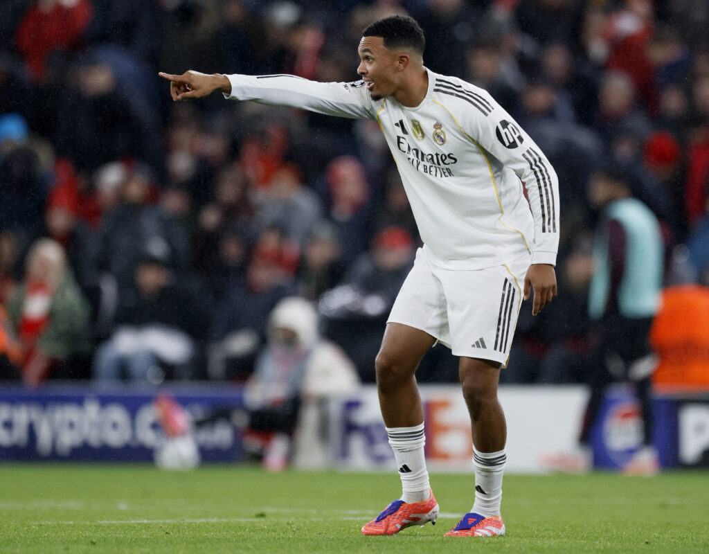 Trent Alexander-Arnold of Real Madrid CF gestures during the UEFA Champions League 2025/26 League Phase MD4 match between Liverpool FC and Real Madrid C.F. at Anfield.