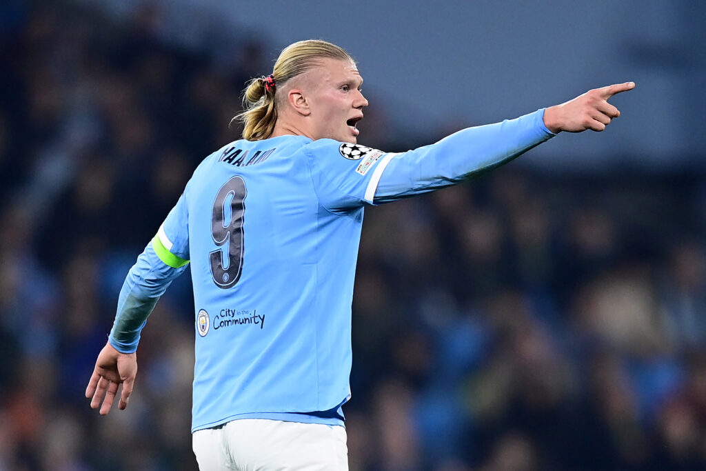 Manchester City's Erling Haland reacts during the UEFA Champions League 2025/26 League Phase MD4 match between Manchester City and Borussia Dortmund.