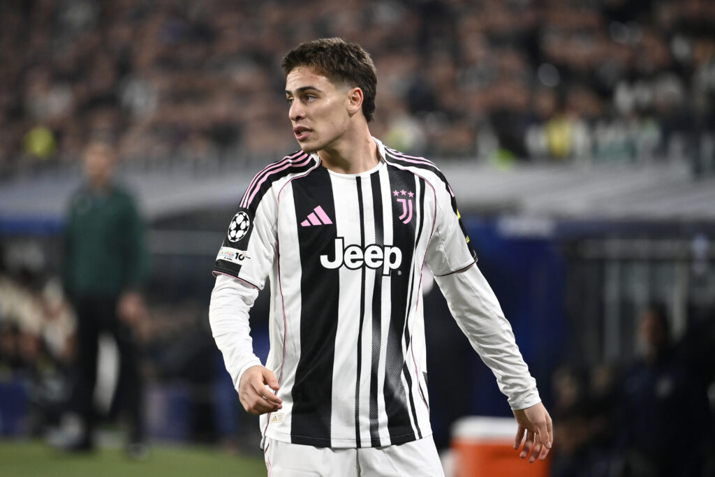 Kenan Yildiz of Juventus looks on during the UEFA Champions League 2025/26 League Phase MD4 match between Juventus and Sporting Clube de Portugal at Juventus Stadium.