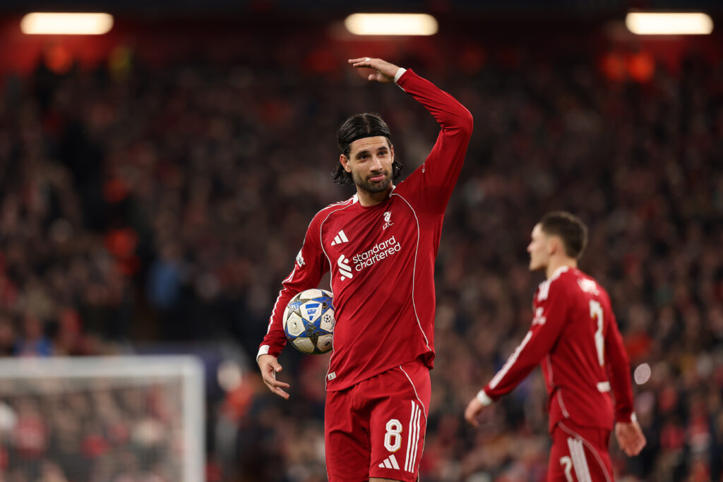 Dominik Szoboszlai of Liverpool gestures during the UEFA Champions League 2025/26 League Phase MD4 match between Liverpool FC and Real Madrid C.F. at Anfield.