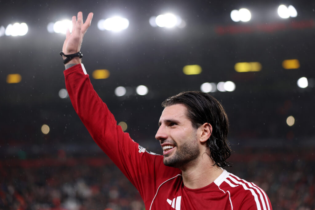Dominik Szoboszlai of Liverpool acknowledges the fans after the team's victory in the UEFA Champions League 2025/26 League Phase MD4 match between Liverpool FC and Real Madrid C.F. at Anfield.