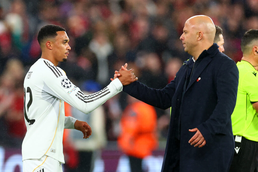 Trent Alexander-Arnold of Real Madrid shakes hands with Liverpool manager Arne Slot at full-time following the UEFA Champions League 2025/26 League Phase MD4 match between Liverpool FC and Real Madrid C.F. at Anfield.
