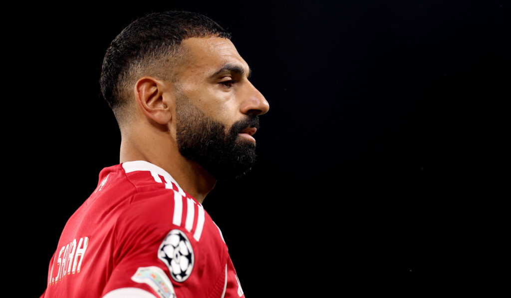 Mohamed Salah of Liverpool during the UEFA Champions League 2025/26 League Phase MD4 match between Liverpool FC and Real Madrid C.F. at Anfield.
