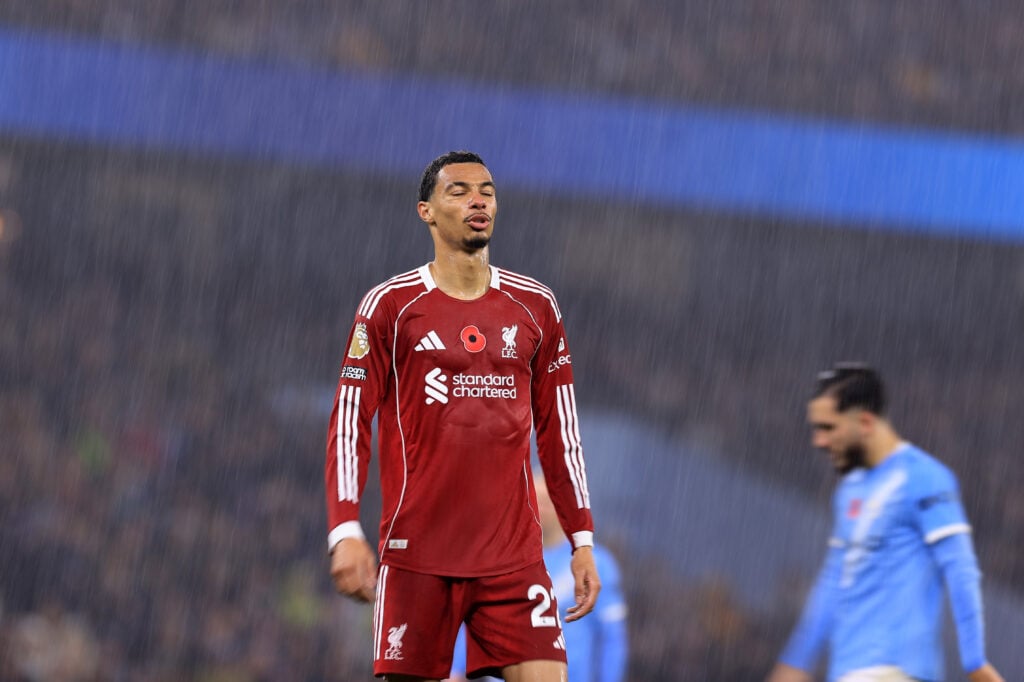 Hugo Ekitike of Liverpool in the rain during the Premier League match between Manchester City and Liverpool at Etihad Stadium.