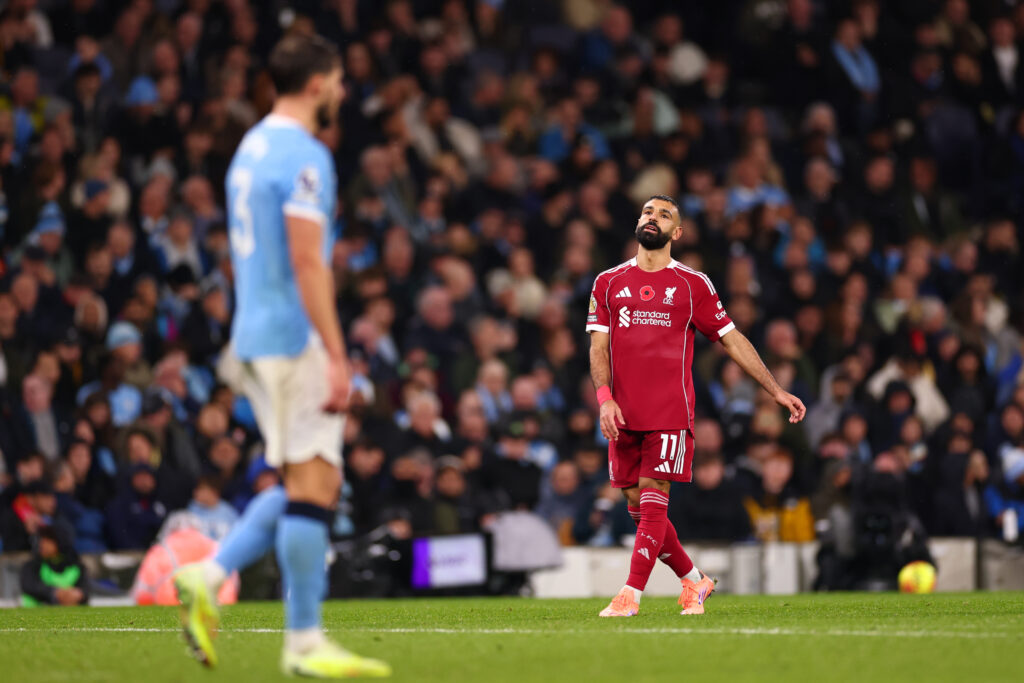 A dejected looking Mohamed Salah of Liverpool during the Premier League match between Manchester City and Liverpool at Etihad Stadium