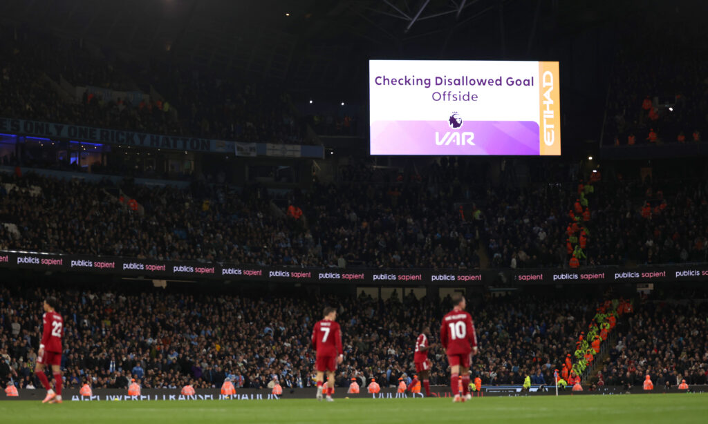 The LED board shows the decision to disallow a goal scored by Virgil van Dijk of Liverpool due to offside during the Premier League match between Manchester City and Liverpool at Etihad Stadium