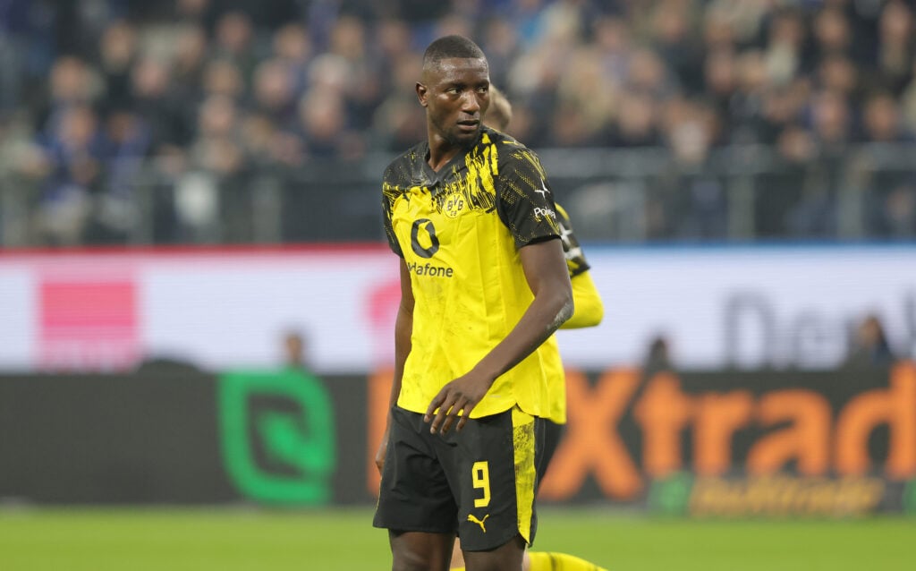 Serhou Guirassy of Borussia Dortmund looks dejected during the Bundesliga match between Hamburger SV and Borussia Dortmund at Volksparkstadion