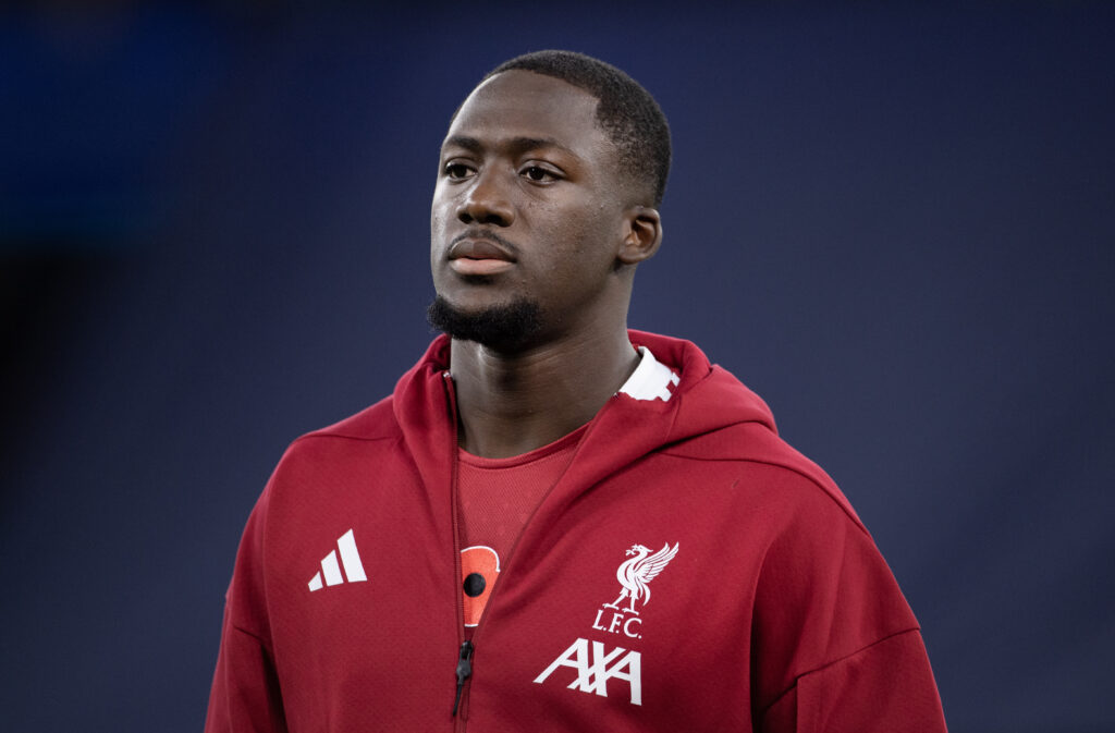 Ibrahima Konate of Liverpool lines up before the Premier League match between Manchester City and Liverpool at Etihad Stadium