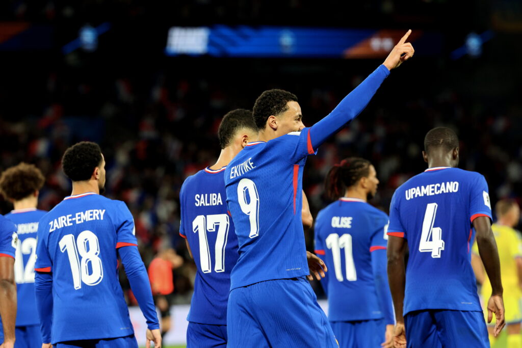 Hugo Ekitike celebrates after scoring for France in their FIFA World Cup qualifying match against Ukraine