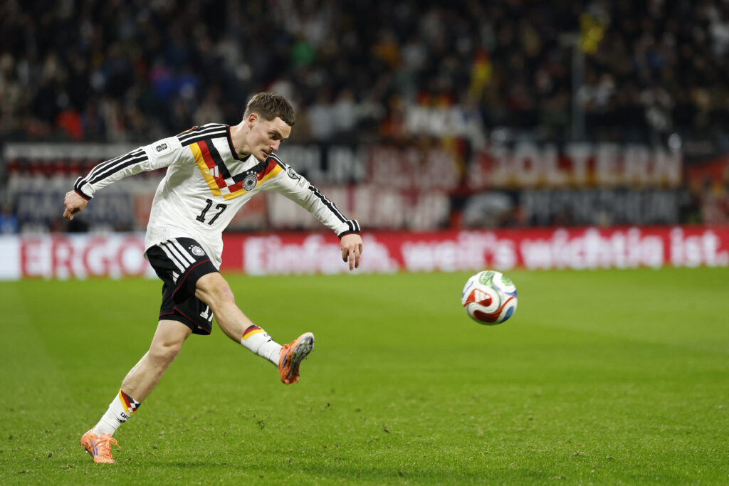 Germany's midfielder #17 Florian Wirtz kicks the ball during the FIFA World Cup 2026 European qualification Group A football match between Germany and Slovakia