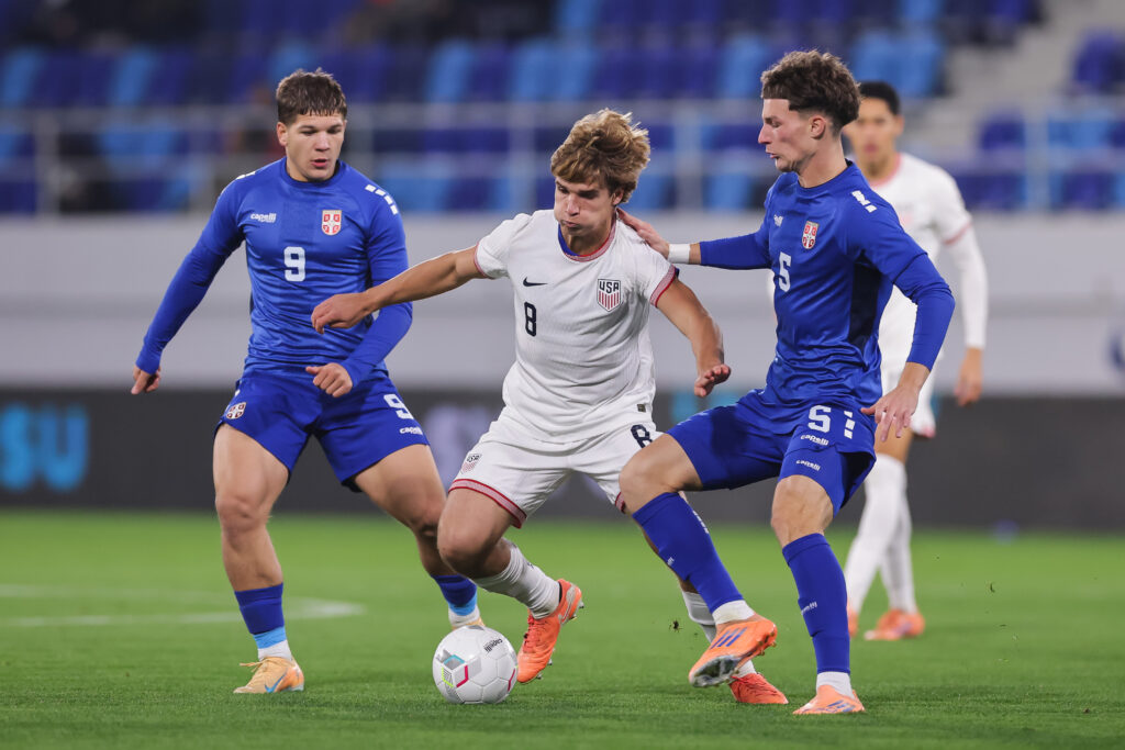 USA U21 midfielder Rokas Pukstas in action against Serbia U21
