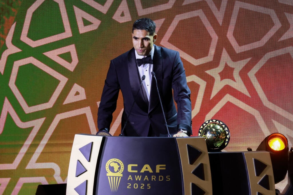 Paris Saint-Germain's Moroccan defender Achraf Hakimi speaks after receiving the Africa Player of the Year award during the 2025 Confederation of African Football (CAF) Awards