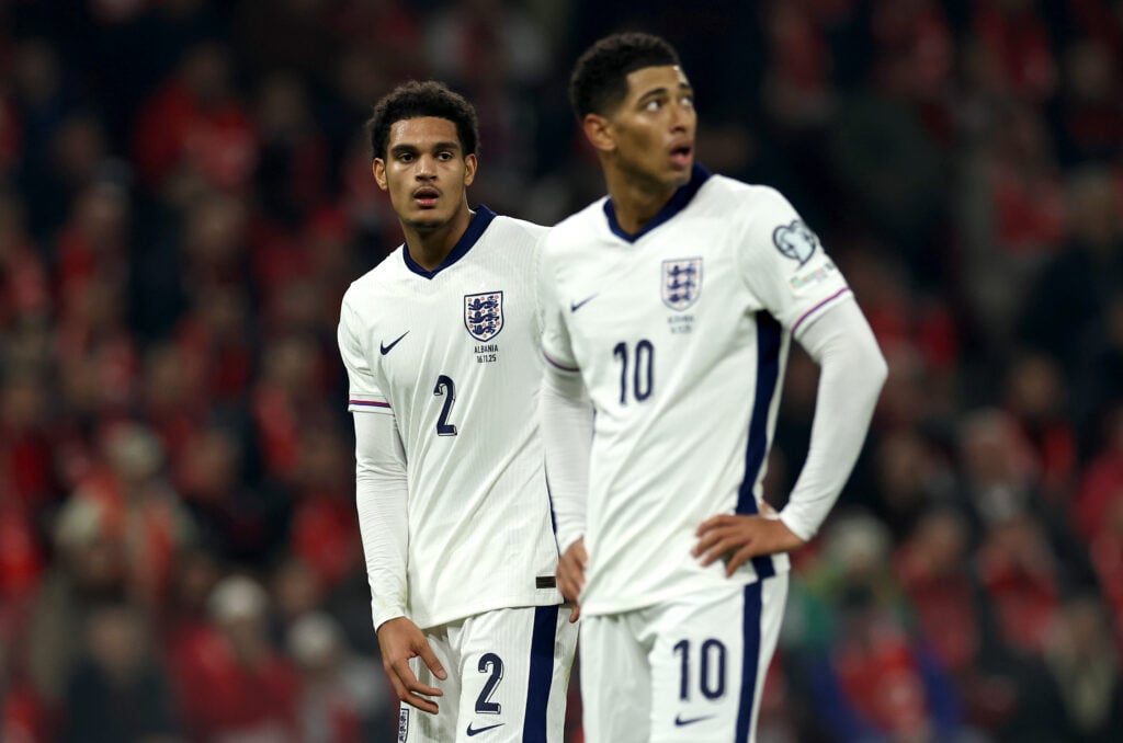 Jarell Quansah and Jude Bellingham pictured during England's FIFA World Cup qualifying match against Albania