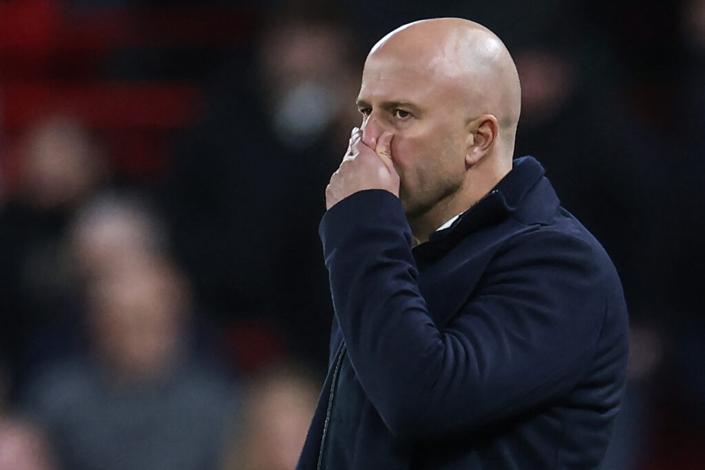 Liverpool's Dutch manager Arne Slot reacts during the English Premier League football match between Liverpool and Nottingham Forest at Anfield
