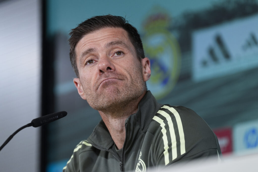 Xabi Alonso speaks to the press at a Real Madrid training day