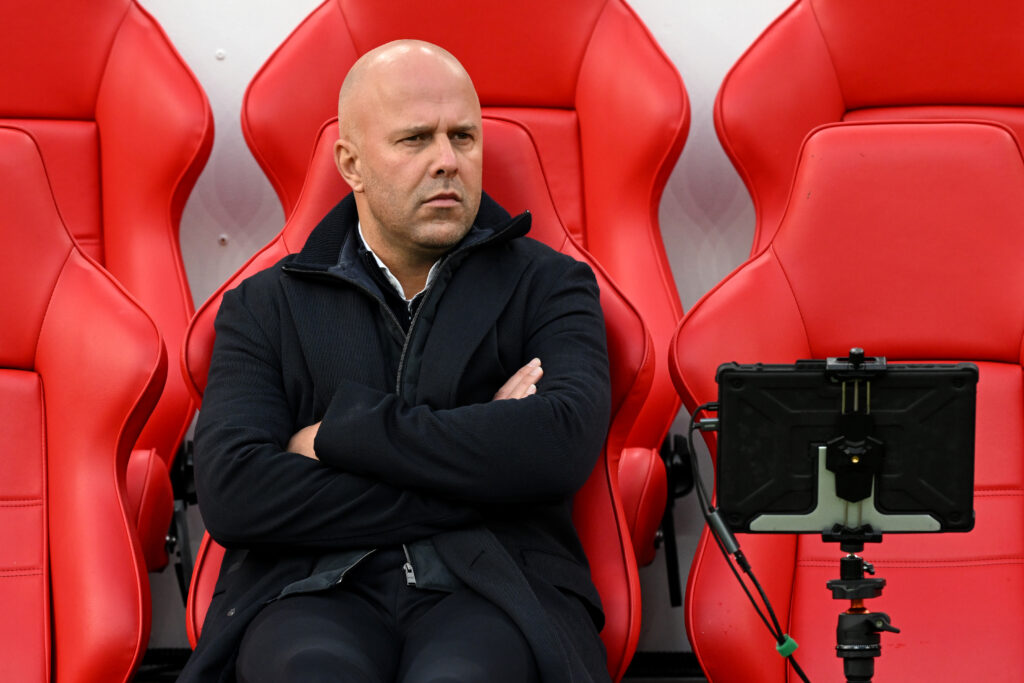 Arne Slot, Manager of Liverpool, looks on prior to the Premier League match between Liverpool and Nottingham Forest at Anfield