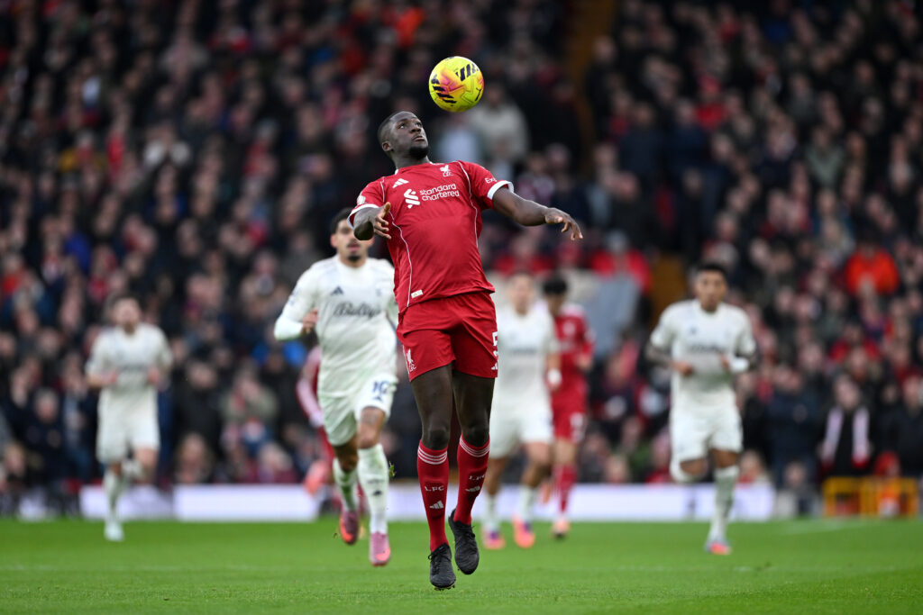 Ibrahima Konate of Liverpool controls the ball during the Premier League match between Liverpool and Nottingham Forest at Anfield
