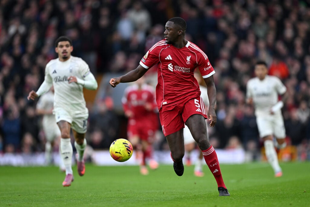 Ibrahima Konate on the ball during Liverpool's Premier League match against Nottingham Forest at Anfield.