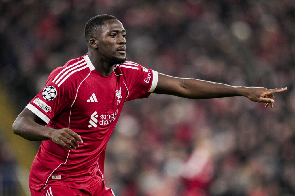Ibrahima Konate points during Liverpool's UEFA Champions League match against PSV Eindhoven at Anfield