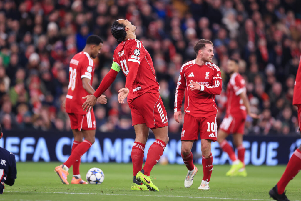 Virgil van Dijk of Liverpool looks dejected during the UEFA Champions League 2025/26 League Phase MD5 match between Liverpool FC and PSV Eindhoven at Anfield