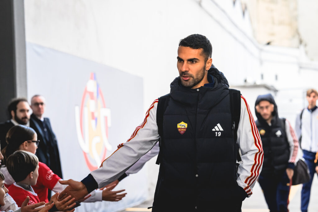 AS Roma player Zeki Celik arrives at the stadium prior to the Serie A match between US Cremonese and AS Roma at Stadio Giovanni Zini