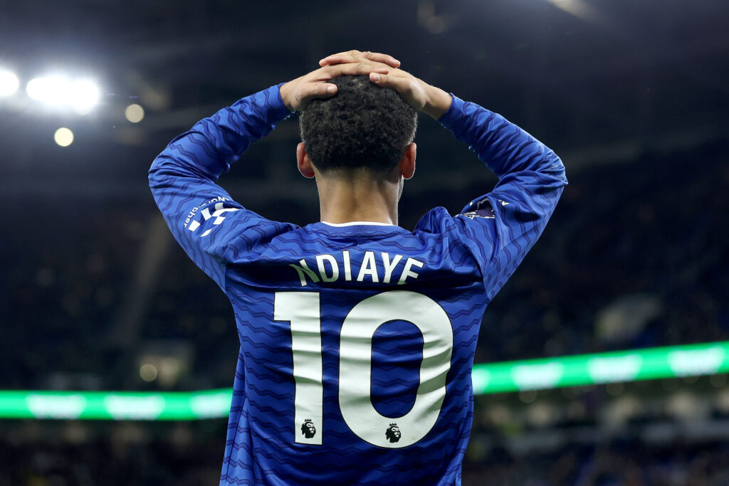 Iliman Ndiaye pictured with his hands on his head during Everton's Premier League match against Newcastle United at the Hill Dickinson Stadium.