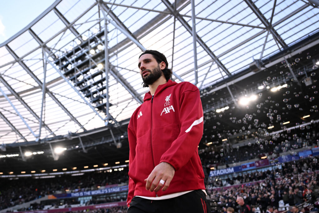 Dominik Szoboszlai of Liverpool walks out prior to the Premier League match between West Ham United and Liverpool at London Stadium
