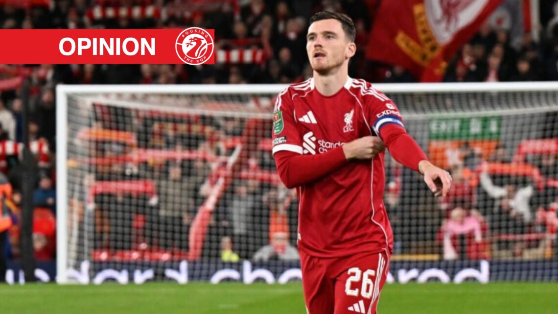 Andrew Robertson of Liverpool adjusts the captain's armband prior to kick off during the Carabao Cup Fourth Round match between Liverpool and Cryst...
