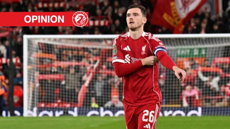 Andrew Robertson of Liverpool adjusts the captain's armband prior to kick off during the Carabao Cup Fourth Round match between Liverpool and Cryst...