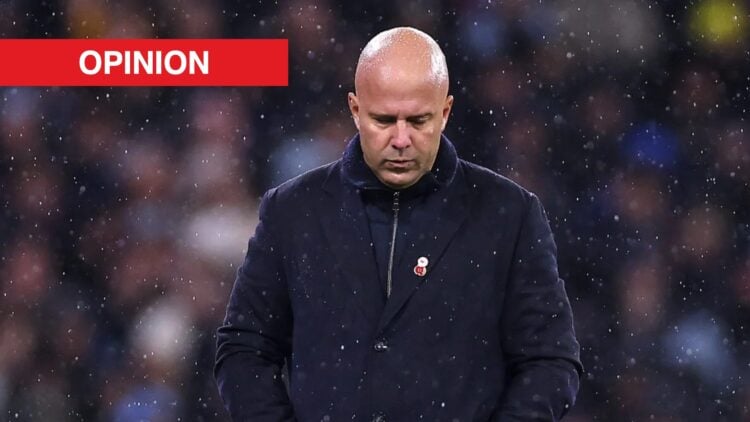 Arne Slot looks on during Liverpool's Premier League match against Manchester City at the Etihad Stadium.