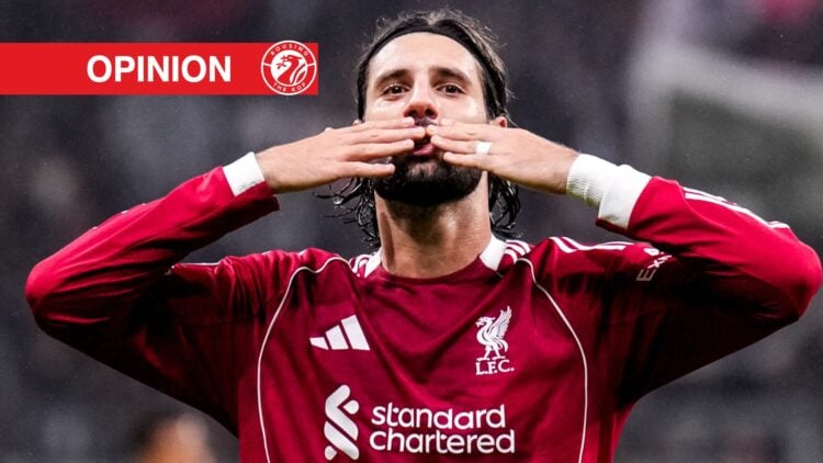Dominik Szoboszlai blows kisses to supporters after scoring in Liverpool's UEFA Champions League match against Eintracht Frankfurt at Deutsche Bank...