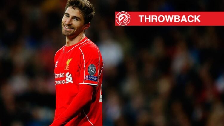 Fabio Borini of Liverpool FC laughs during the UEFA Champions League Group B match between Real Madrid CF and Liverpool FC at Estadio Santiago Bern...