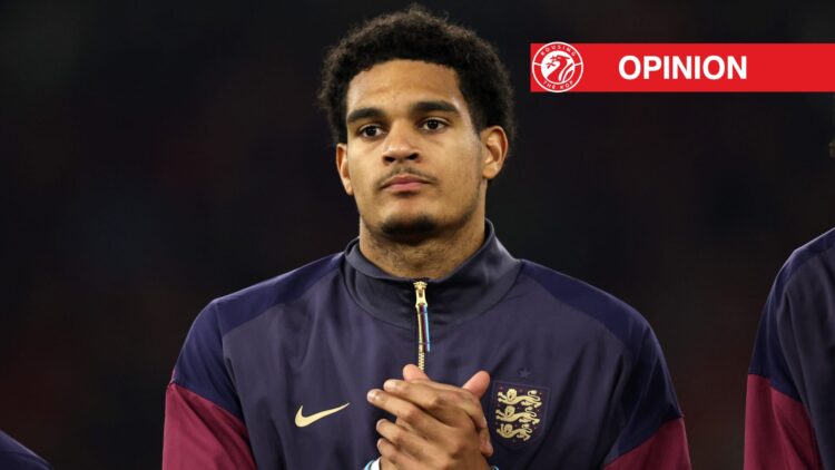 Jarell Quansah of England looks on prior to the FIFA World Cup 2026 qualifier match between Albania and England at Air Albania Stadium