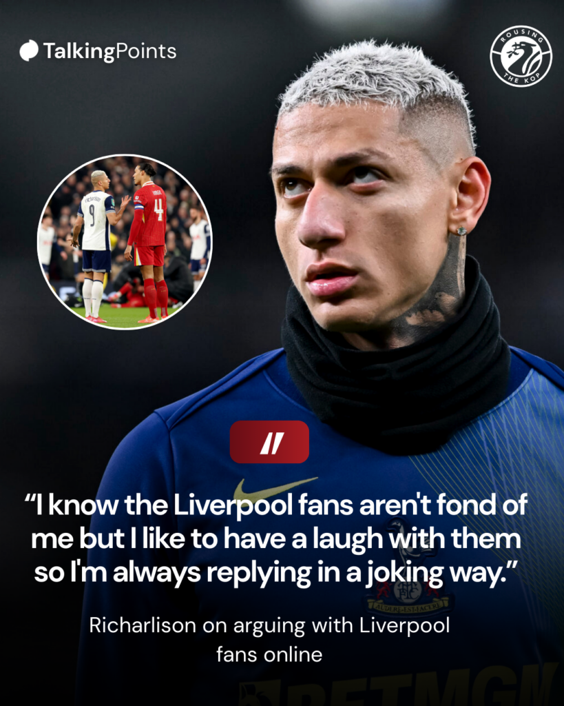 Richarlison warms up ahead of Tottenham's UEFA Champions League match against Slavia Prague at the Tottenham Hotspur Stadium (Credit: Getty Images/Vince Mignott/DeFodi Images). Richarlison argues with Virgil van Dijk during Tottenham's Carabao Cup semi-final against Liverpool at Anfield (Credit: Getty Images/Carl Recine).