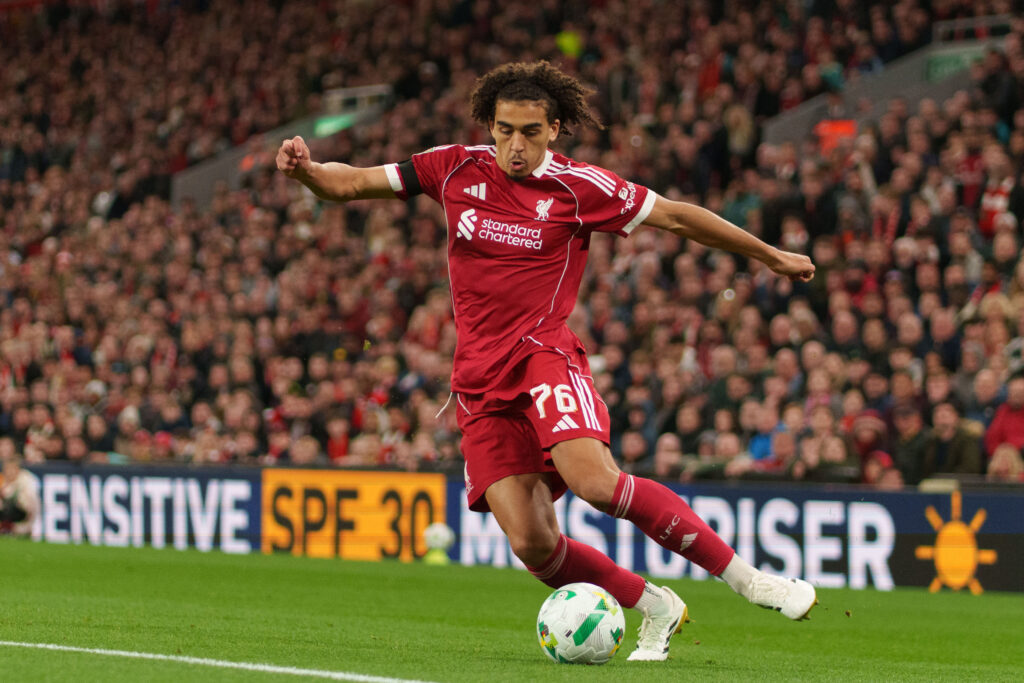 Jayden Danns on the ball during Liverpool's Carabao Cup match against Southampton at Anfield.