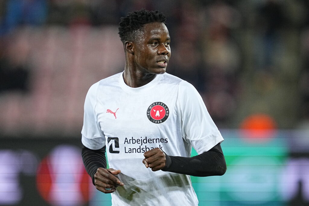 Midtjylland forward Franculino Dju pictured warming up ahead of the UEFA Europa League match against Celtic