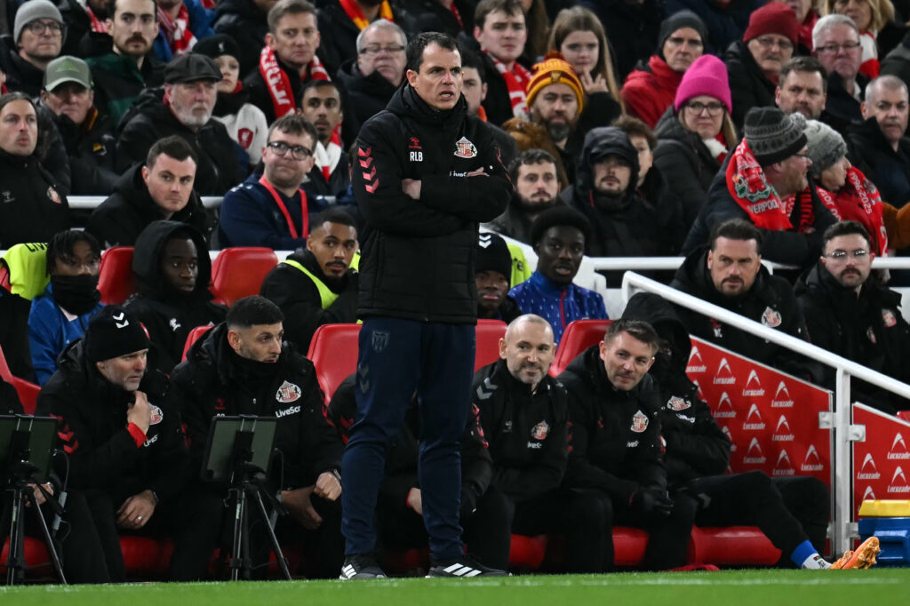 Sunderland's French head coach Regis Le Bris reacts during the English Premier League football match between Liverpool and Sunderland at Anfield