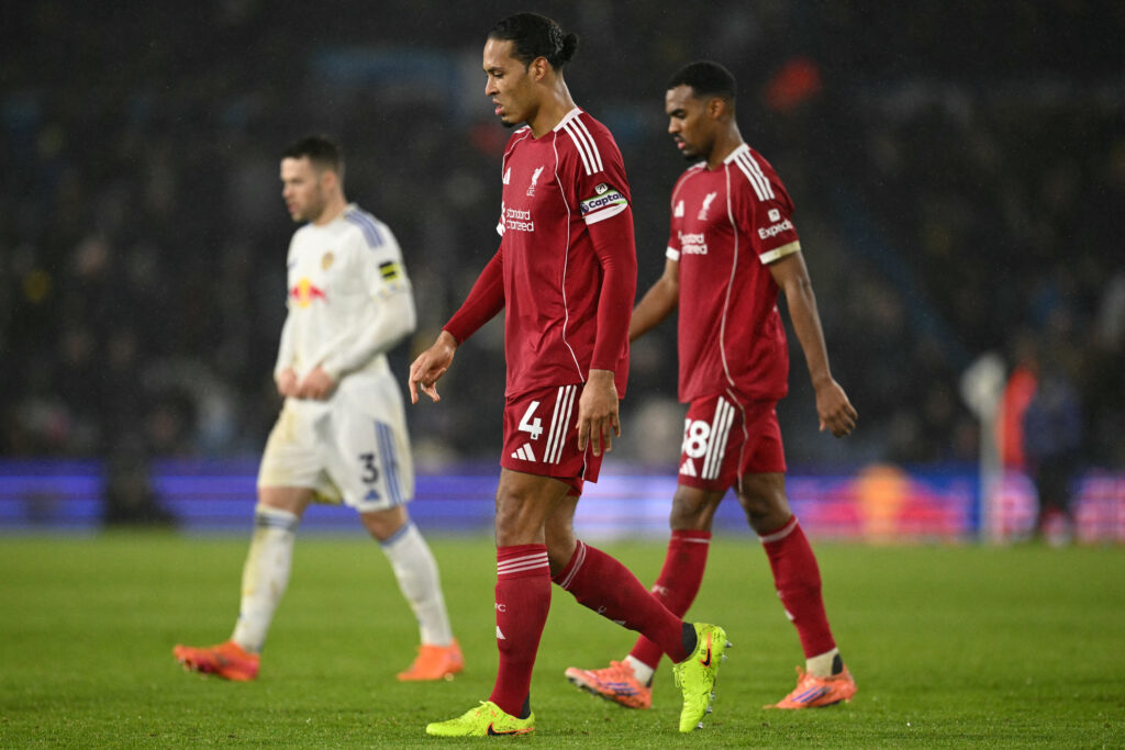 Liverpool's Dutch defender #04 Virgil van Dijk (C) leaves the pitch at half time during the English Premier League football match between Leeds United and Liverpool at Elland Road