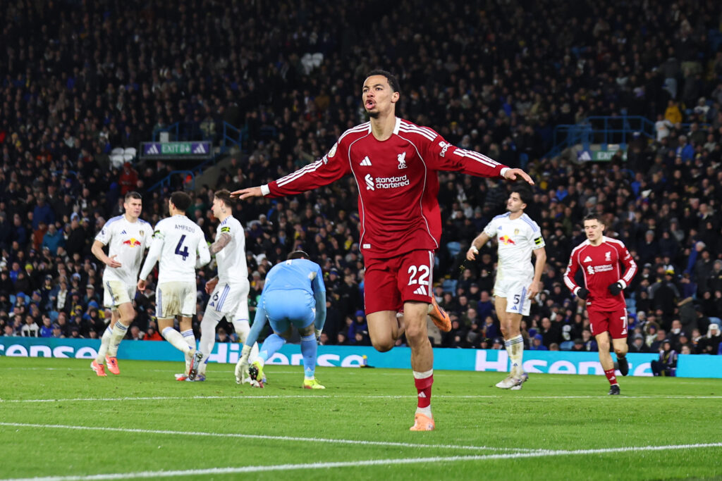 Hugo Ekitike of Liverpool celebrates after scoring a goal to make it 0-1 during the Premier League match between Leeds United and Liverpool at Elland Road
