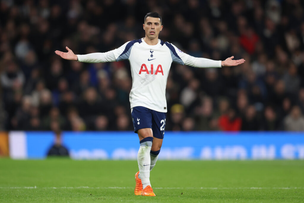 Pedro Porro in action for Tottenham during their Premier League match against Brentford at the Tottenham Hotspur Stadium.