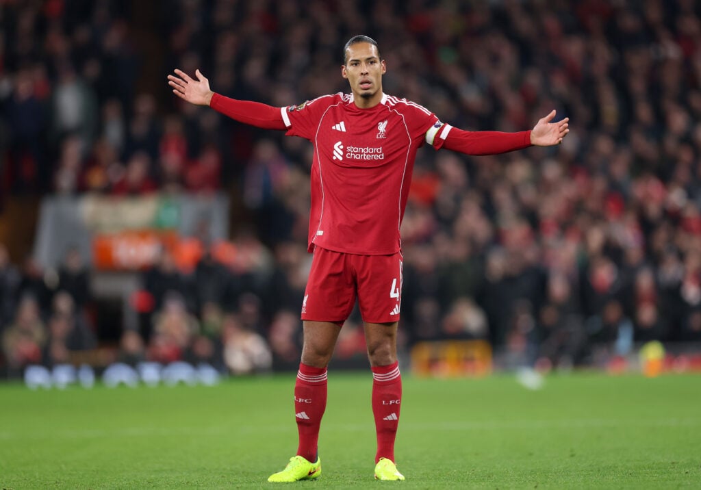Virgil van Dijk of Liverpool reacts during the Premier League match between Liverpool and Sunderland at Anfield