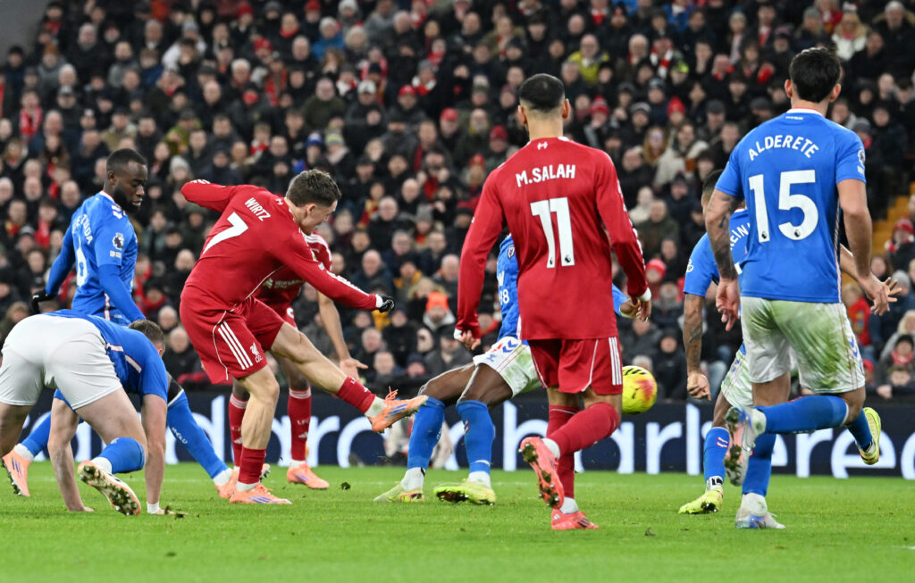 Florian Wirtz forces an own goal for Liverpool during the Premier League match against Sunderland at Anfield.