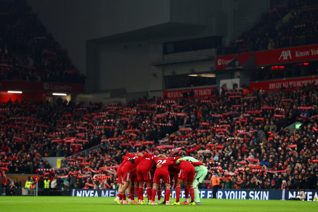 Liverpool huddle together ahead of the Premier League match between Liverpool and Sunderland at Anfield
