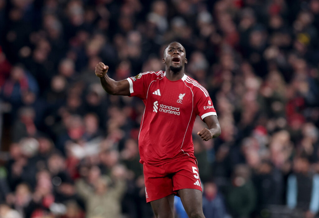 Ibrahima Konate celebrates after Liverpool's goal against Sunderland in the Premier League at Anfield.