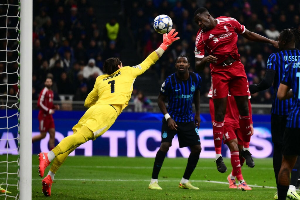 Liverpool's French defender #05 Ibrahima Konate scores goal which was ruled out by the VAR during the UEFA Champions League phase day 6 football match between Inter Milan and Liverpool at San Siro