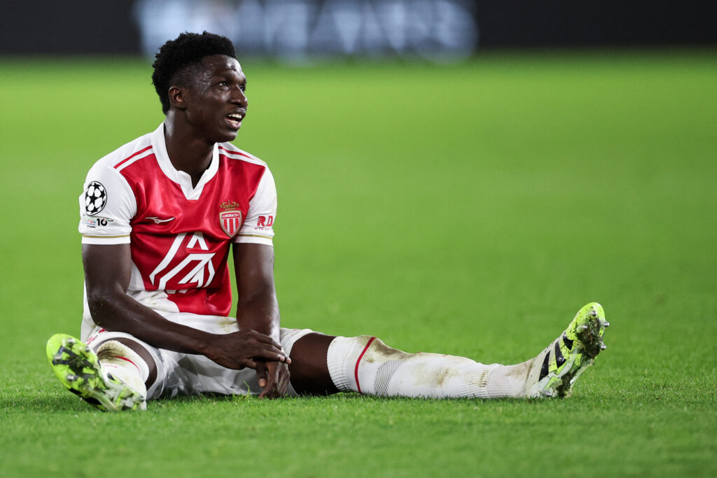 Monaco's Senegalese midfielder #15 Lamine Camara reacts at the end of the UEFA Champions League, league phase, football match between Monaco and Galatasaray, at the Stade Louis II stadium