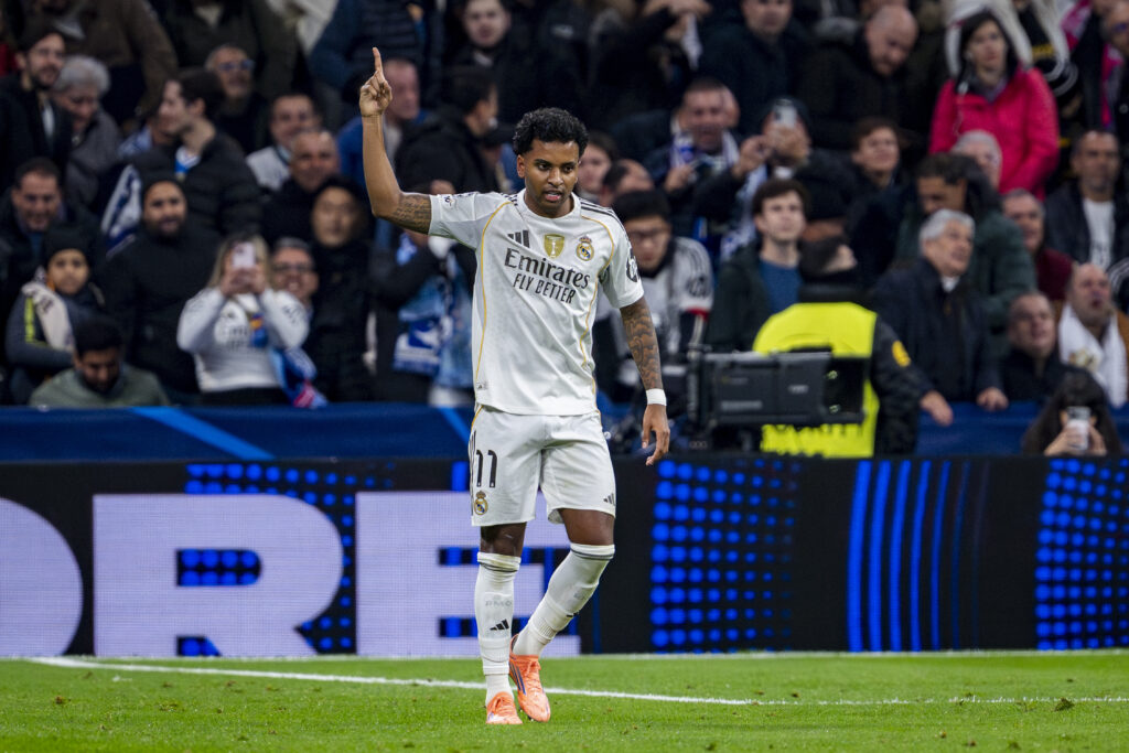Rodrygo Goes of Real Madrid celebrates his goal during the UEFA Champions League 2025/26 League Phase MD6 match between Real Madrid C.F. and Manchester City at Estadio Santiago Bernabeu